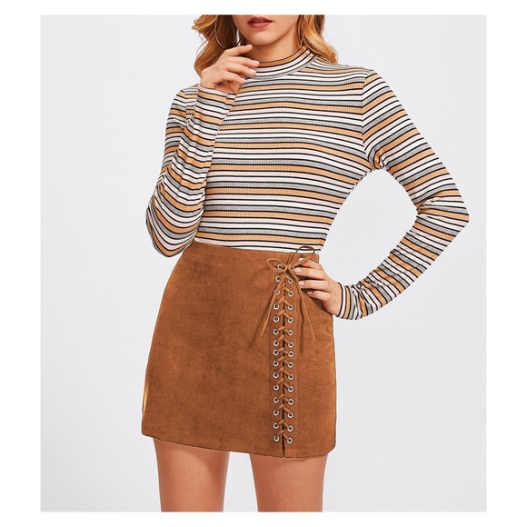 Brown Faux Suede Side Lace Up Mid Waist Mini Skirt - Picture 2 of 7